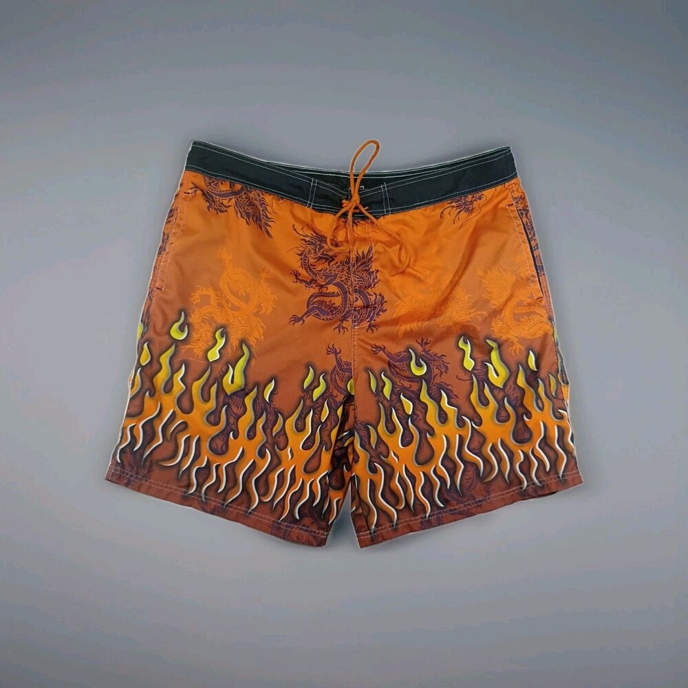Y2K Flames And Dragons Wilson Swim Board Shorts 90s Vintage